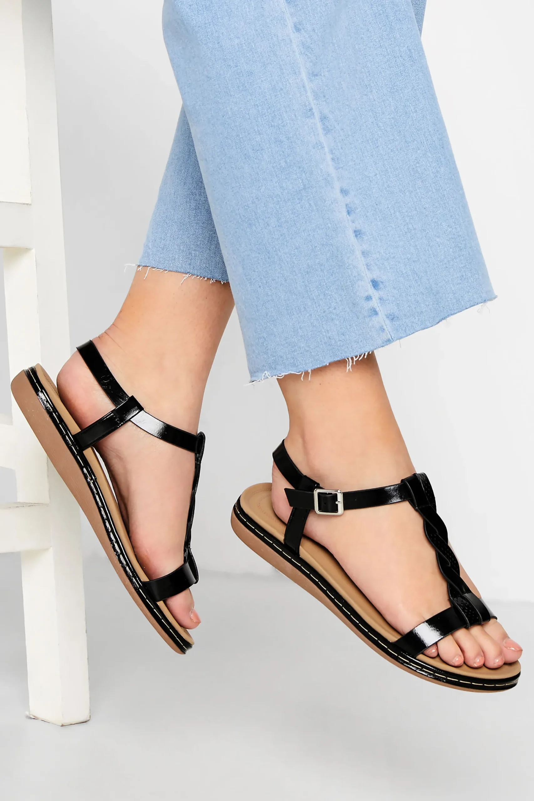 M&Co Yours Yours Black Patent Plaited Strap Sandals In Wide E Fit & Extra Wide Eee Fit>Women Flat Shoes