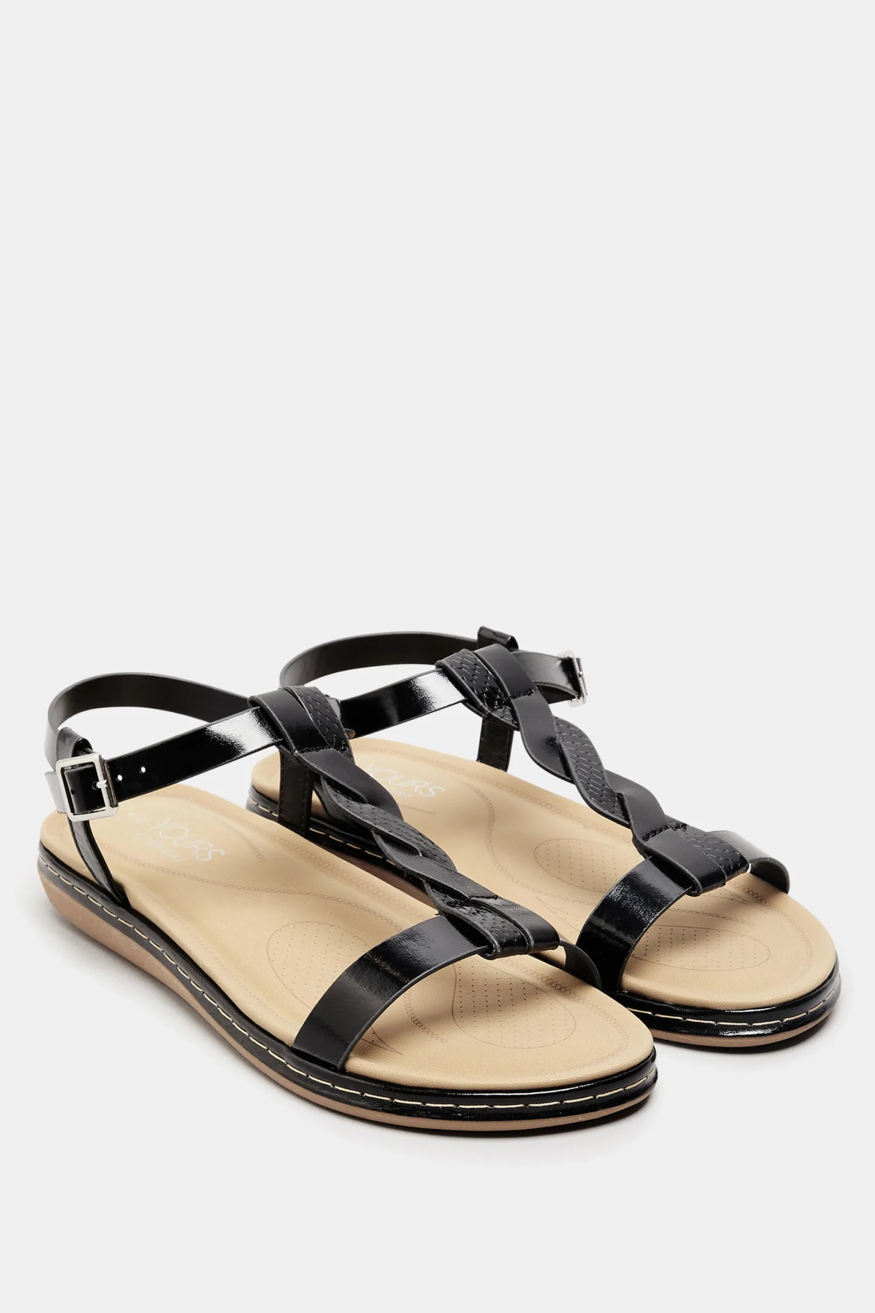 M&Co Yours Yours Black Patent Plaited Strap Sandals In Wide E Fit & Extra Wide Eee Fit>Women Flat Shoes
