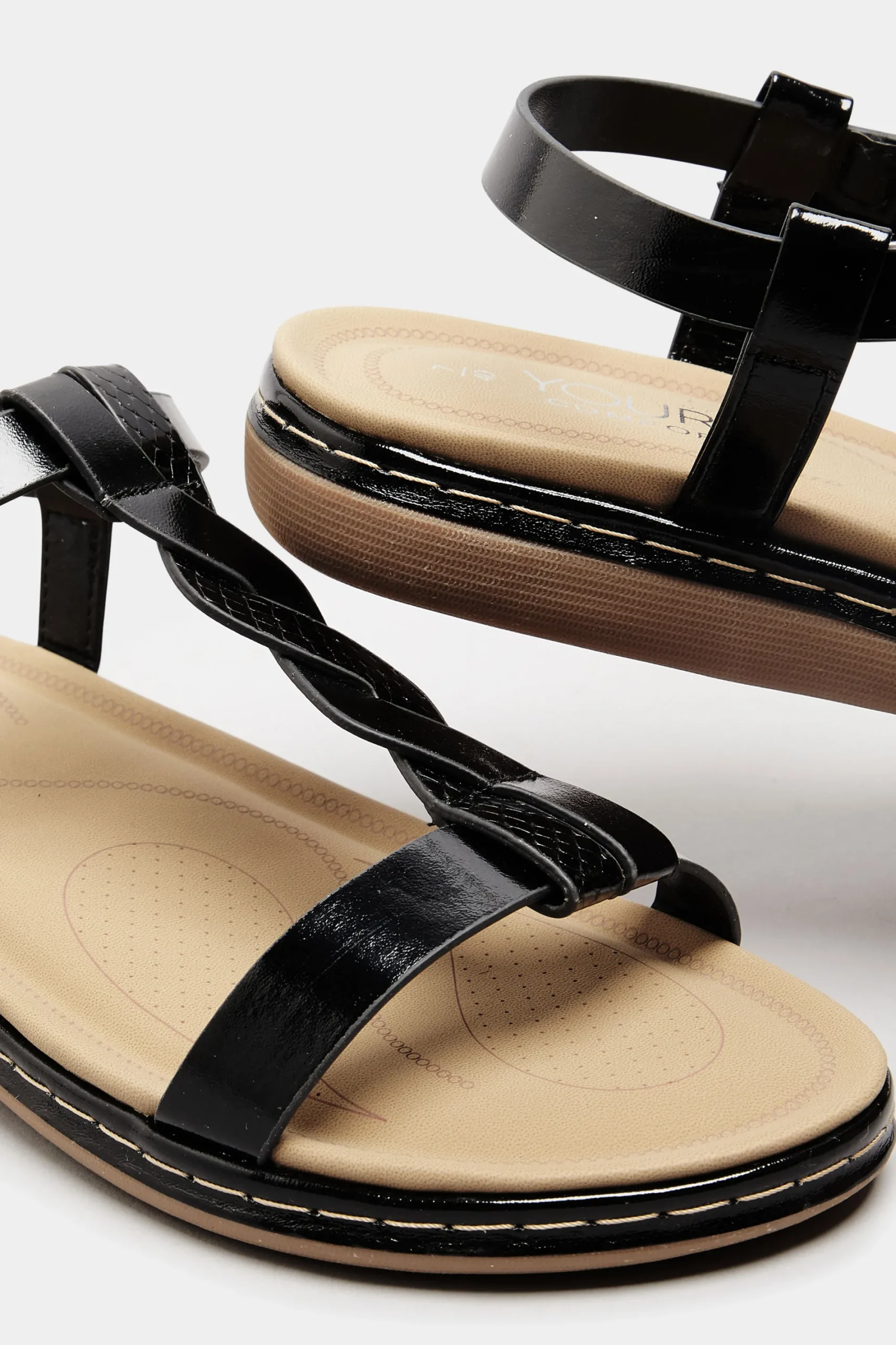 M&Co Yours Yours Black Patent Plaited Strap Sandals In Wide E Fit & Extra Wide Eee Fit>Women Flat Shoes