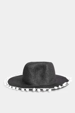 M&Co Yours Yours Black Pom Pom Straw Fedora Hat>Women Hats