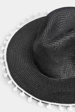 M&Co Yours Yours Black Pom Pom Straw Fedora Hat><noscript><img width=