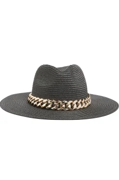 M&Co Yours Yours Black Straw Chain Fedora Hat><noscript><img width=