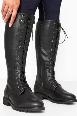 M&Co Yours Yours Black Vegan Faux Leather Lace Up Knee High Boots In Wide E Fit & Extra Wide Eee Fit>Women Flat Shoes