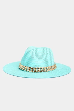 M&Co Yours Yours Bright Blue Straw Chain Fedora Hat>Women Hats