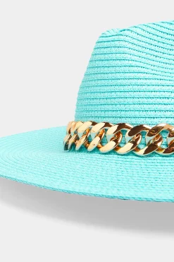 M&Co Yours Yours Bright Blue Straw Chain Fedora Hat><noscript><img width=