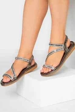 M&Co Yours Yours Brown & Silver Sequin Strappy Sandals In Wide E Fit & Extra Wide Eee Fit>Women Flat Shoes