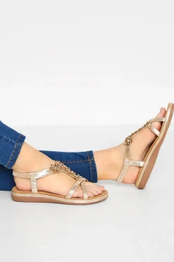 M&Co Yours Yours Gold Glitter Floral Diamante Studded Sandals In Wide E Fit & Extra Wide Eee Fit>Women Flat Shoes