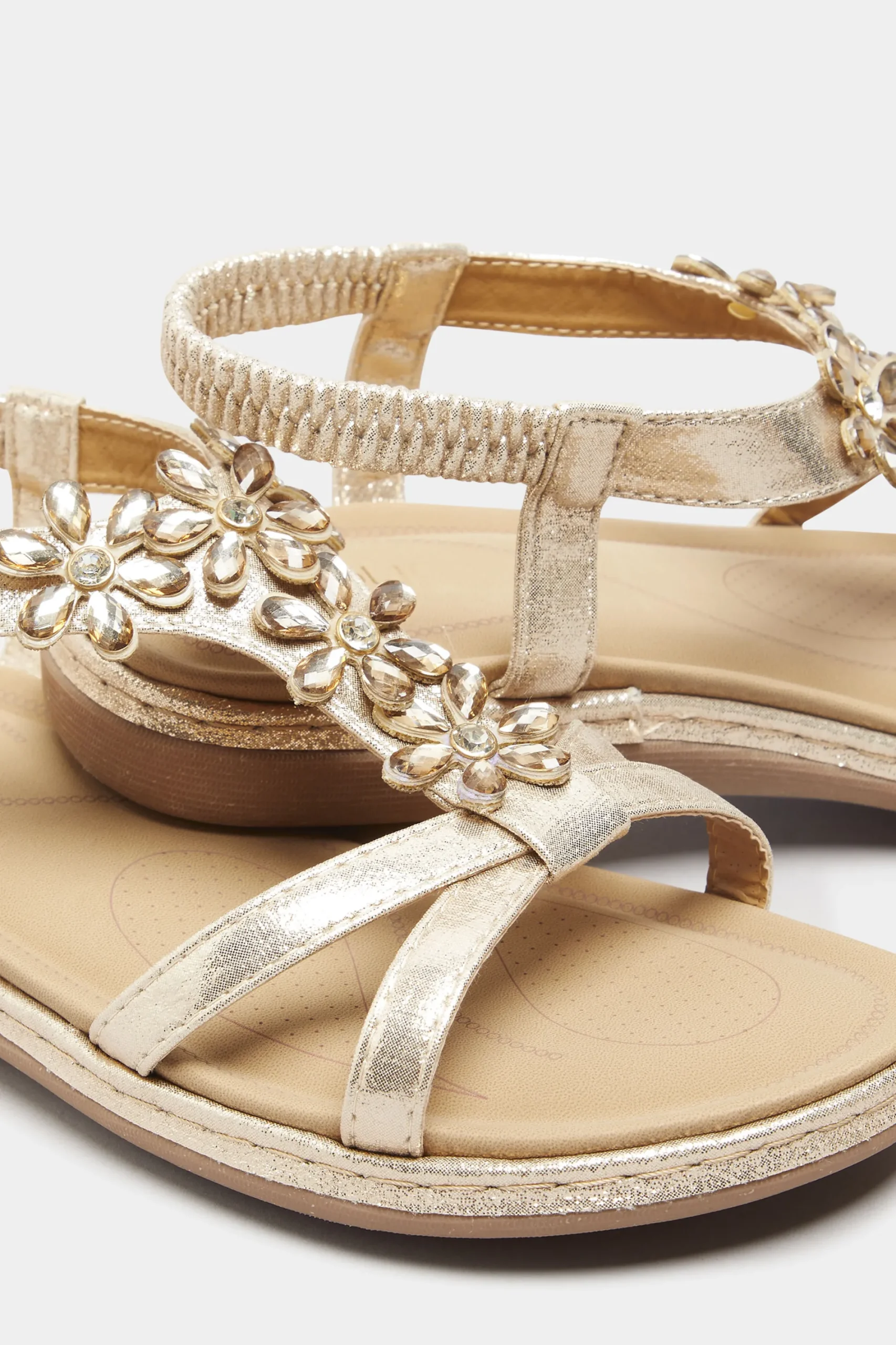 M&Co Yours Yours Gold Glitter Floral Diamante Studded Sandals In Wide E Fit & Extra Wide Eee Fit>Women Flat Shoes