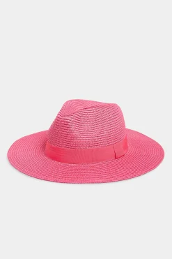 M&Co Yours Yours Hot Pink Straw Fedora Hat>Women Hats