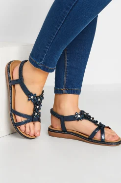 M&Co Yours Yours Navy Blue Glitter Floral Diamante Studded Sandals In Wide E Fit & Extra Wide Eee Fit>Women Flat Shoes