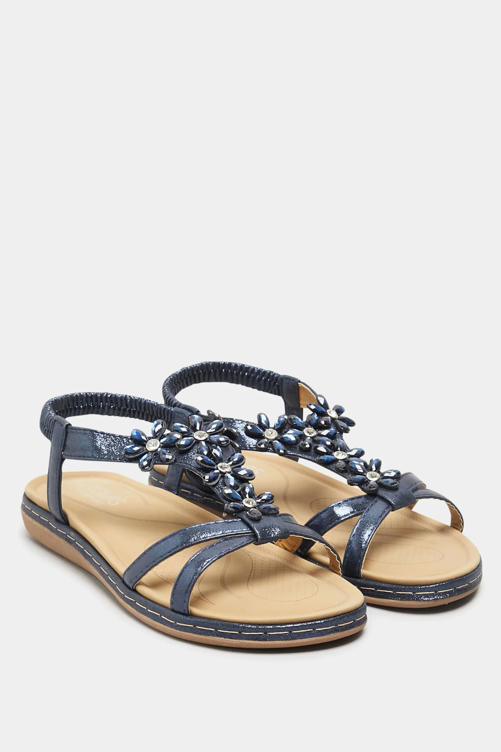 M&Co Yours Yours Navy Blue Glitter Floral Diamante Studded Sandals In Wide E Fit & Extra Wide Eee Fit>Women Flat Shoes