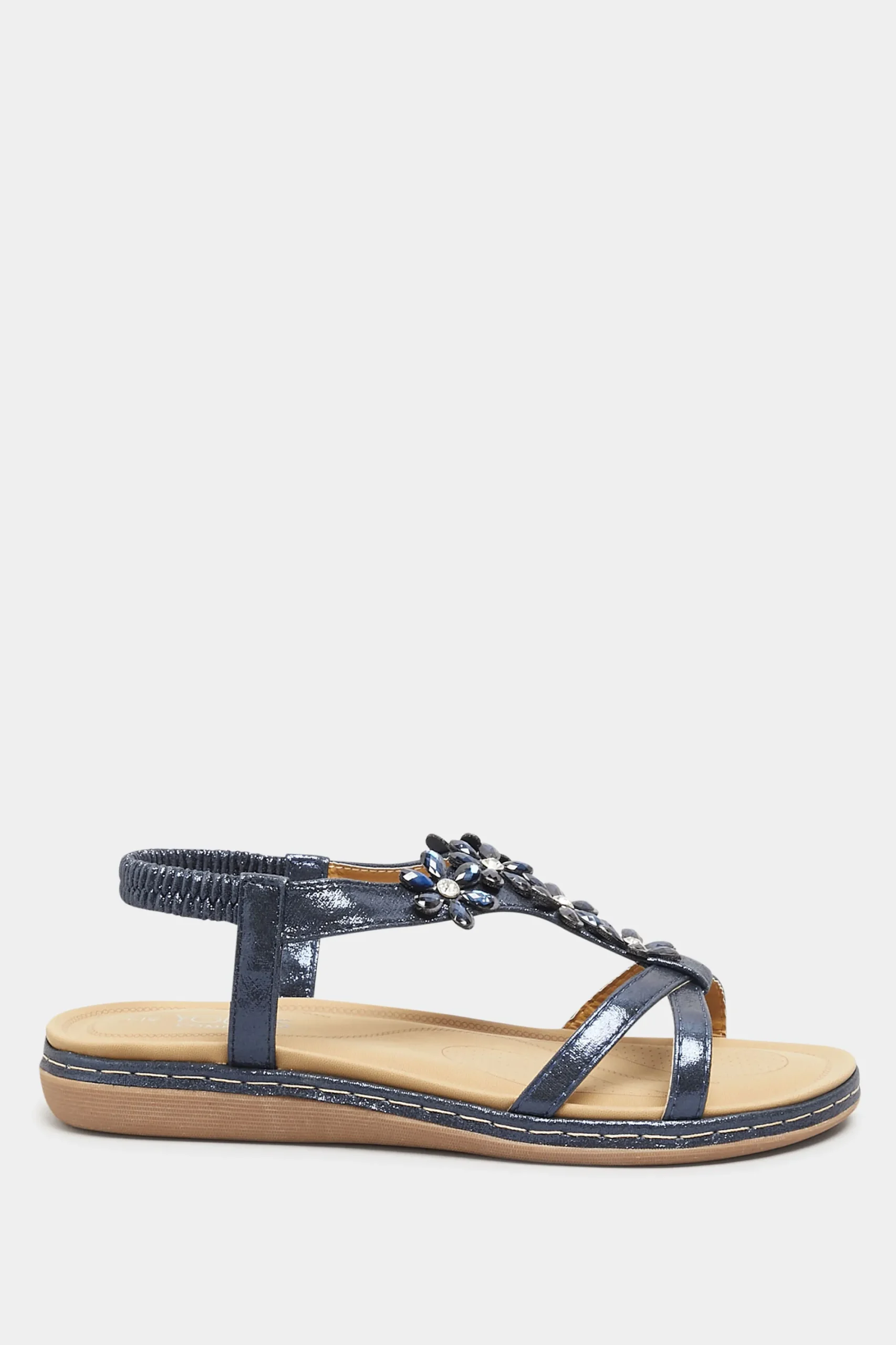 M&Co Yours Yours Navy Blue Glitter Floral Diamante Studded Sandals In Wide E Fit & Extra Wide Eee Fit>Women Flat Shoes