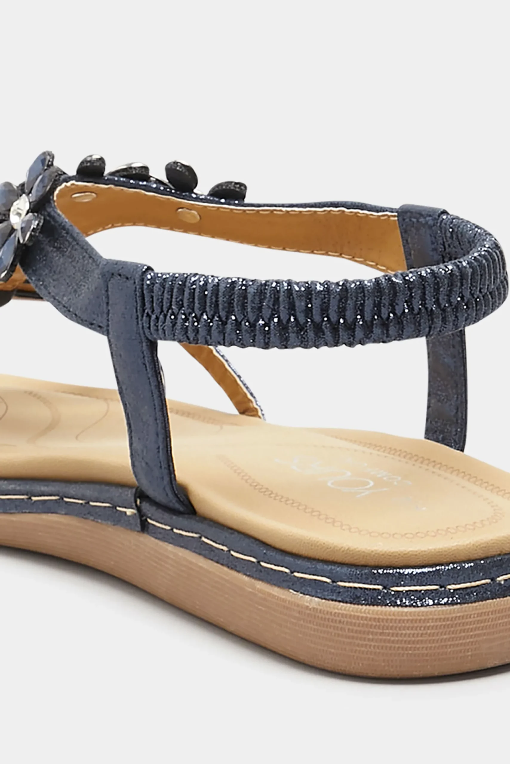 M&Co Yours Yours Navy Blue Glitter Floral Diamante Studded Sandals In Wide E Fit & Extra Wide Eee Fit>Women Flat Shoes