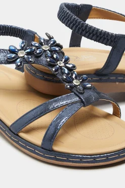 M&Co Yours Yours Navy Blue Glitter Floral Diamante Studded Sandals In Wide E Fit & Extra Wide Eee Fit><noscript><img width=