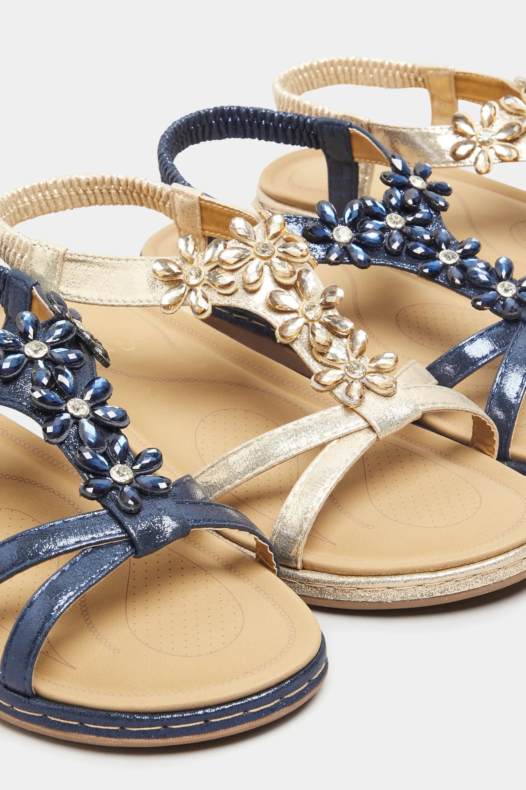 M&Co Yours Yours Navy Blue Glitter Floral Diamante Studded Sandals In Wide E Fit & Extra Wide Eee Fit>Women Flat Shoes