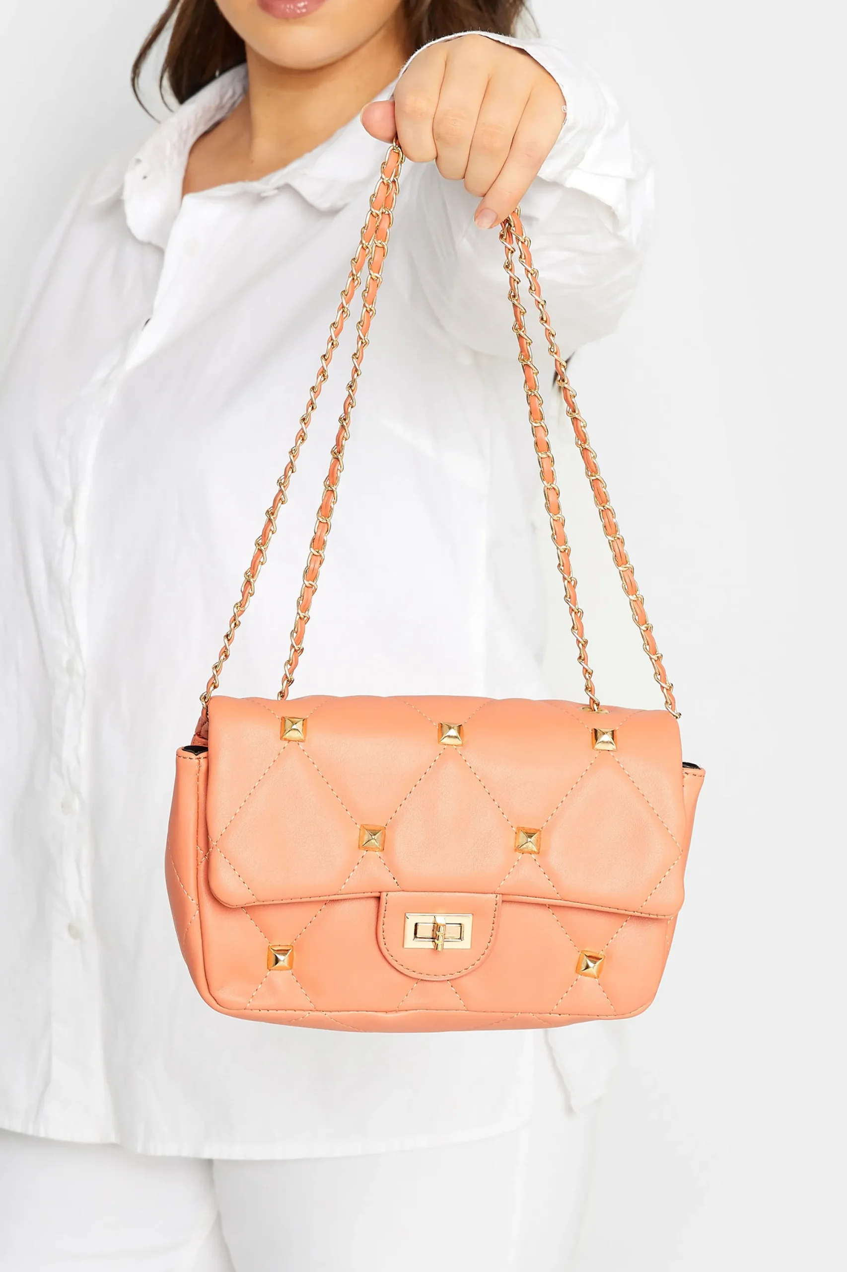 M&Co Yours Yours Orange Studded Quilted Chain Bag>Women Bags