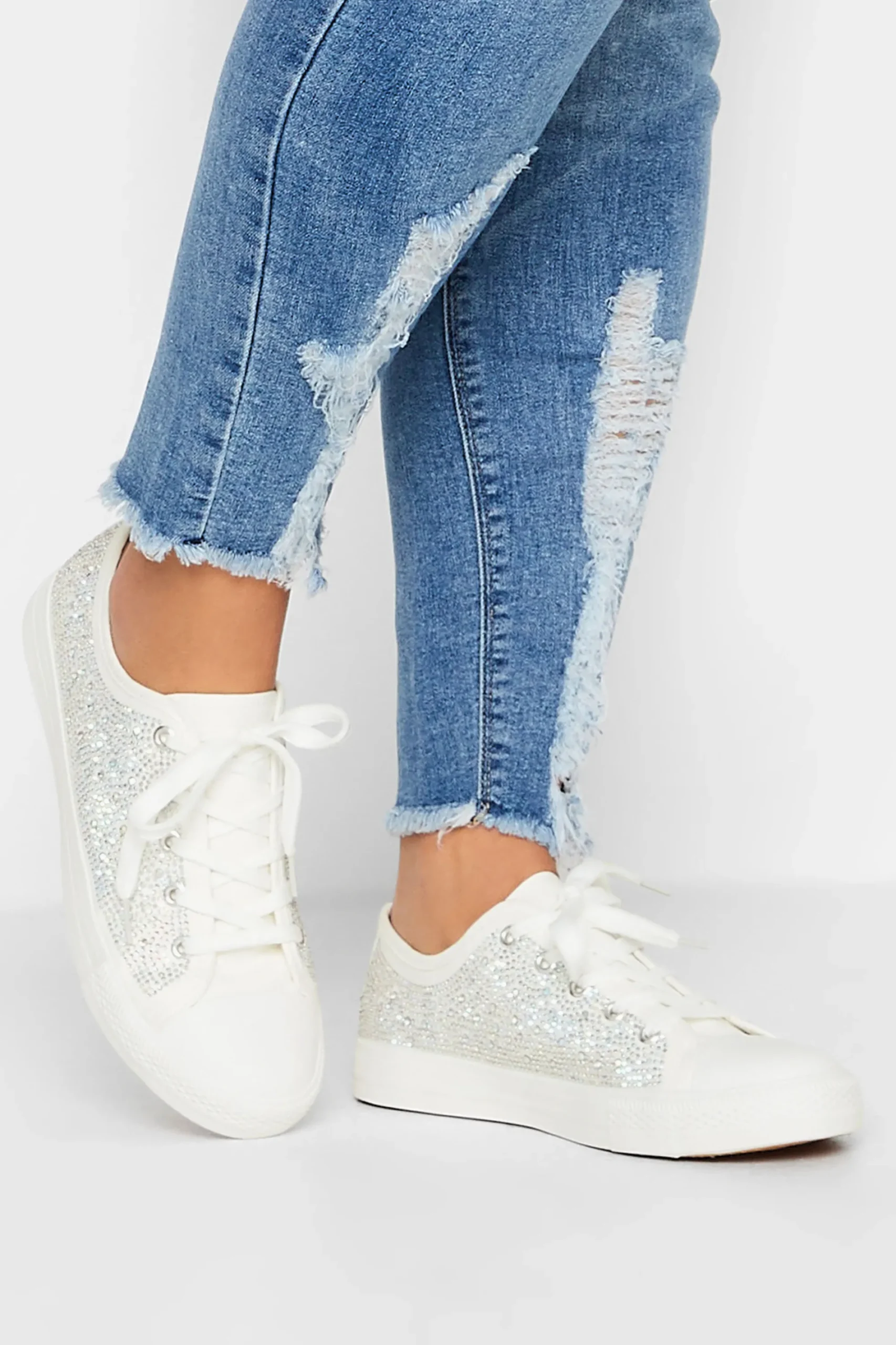 M&Co Yours Yours White Diamante Low Trainer In Wide E Fit>Women Flat Shoes